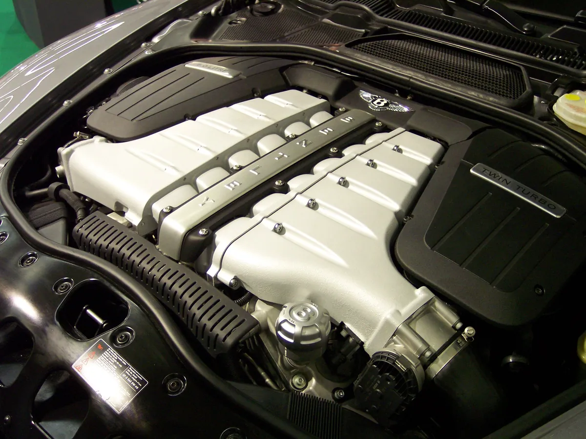 The W12 engine under the hood of a Bentley Continental Flying Spur