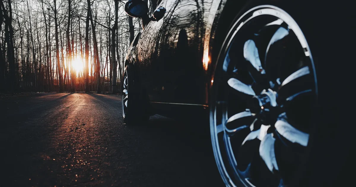 A shiny chrome wheel on a black car at sunset