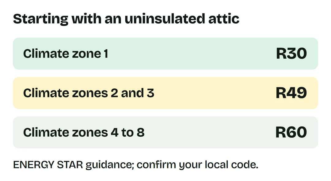 ENERGY STAR uninsulated-attic recommendations: zone 1 R30, zones 2 and 3 R49, zones 4 through 8 R60.