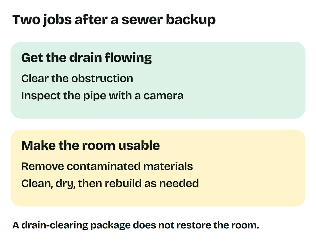 Plumbing restores flow. Restoration removes contamination, dries materials and rebuilds when needed.