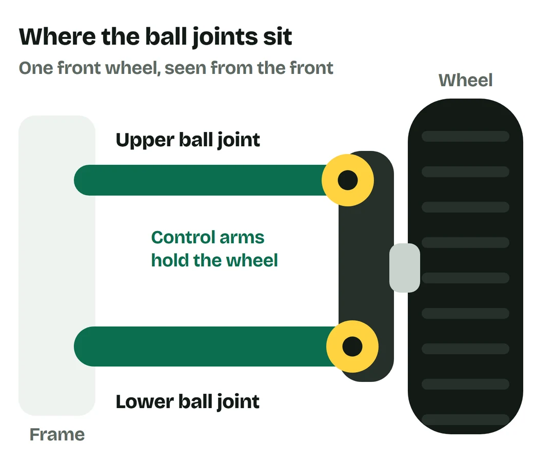 Diagram of one front wheel seen from the front: an upper and a lower control arm run from the frame to the wheel, with a ball joint at the end of each