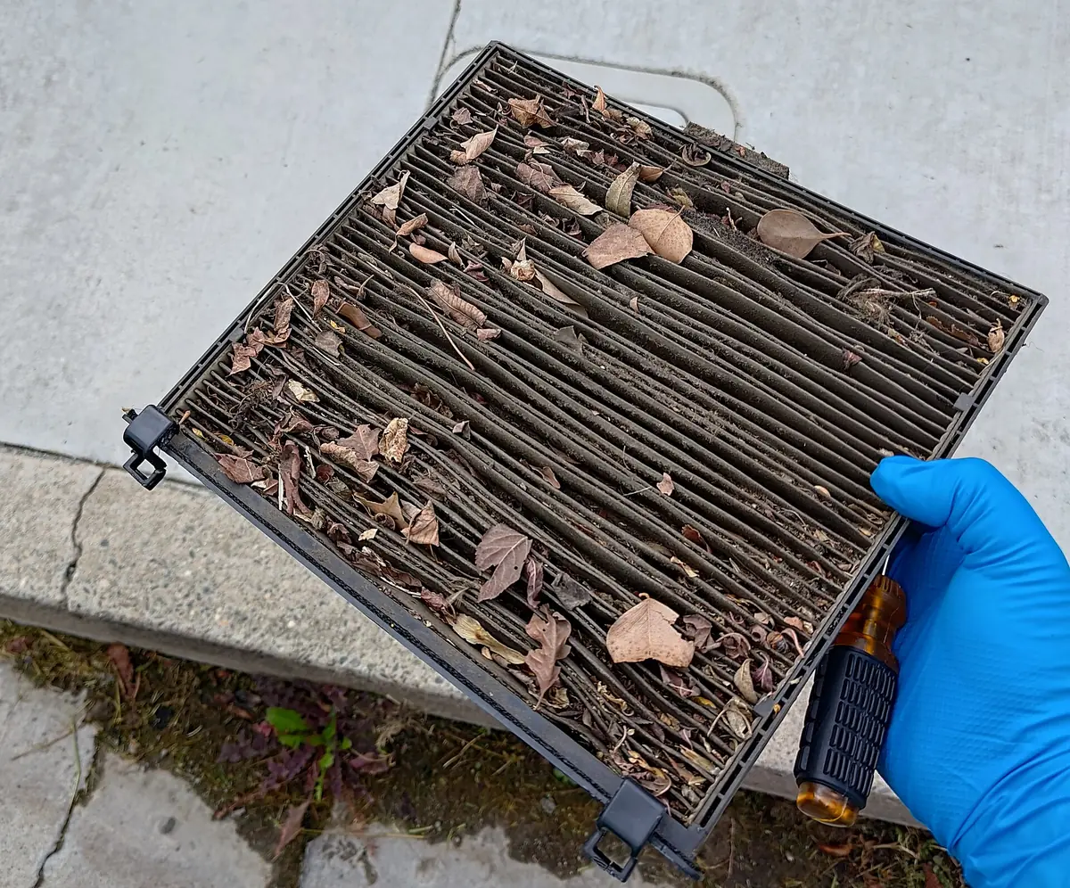 A cabin air filter clogged with dry leaves and dirt, held in a hand with a blue glove