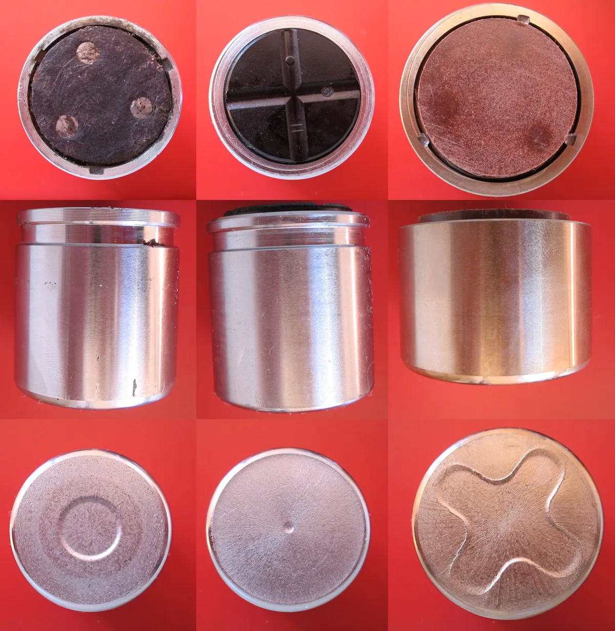 Three shiny metal brake caliper pistons on a red background, each shown from the top, the side and the bottom