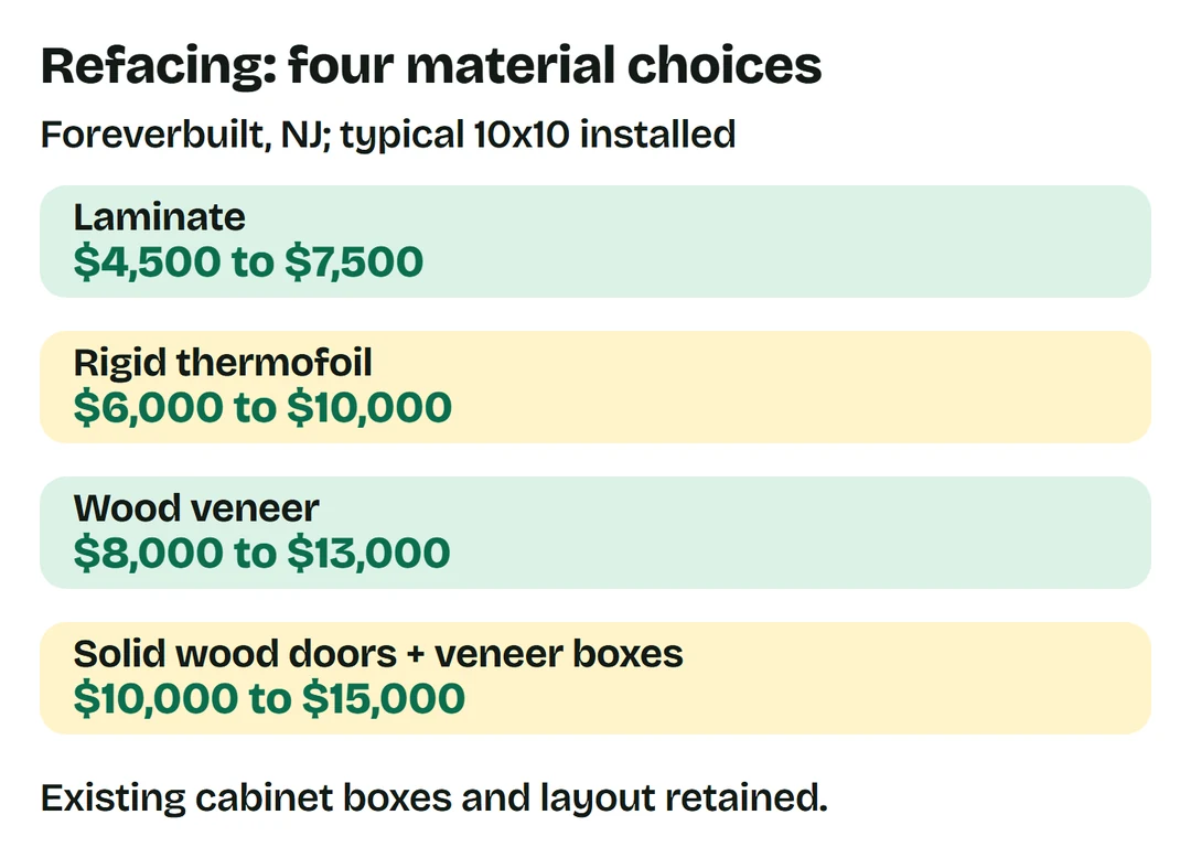Foreverbuilt 10x10 NJ installed refacing: laminate $4,500 to $7,500; RTF $6,000 to $10,000; veneer $8,000 to $13,000; solid wood doors and veneer boxes $10,000 to $15,000.