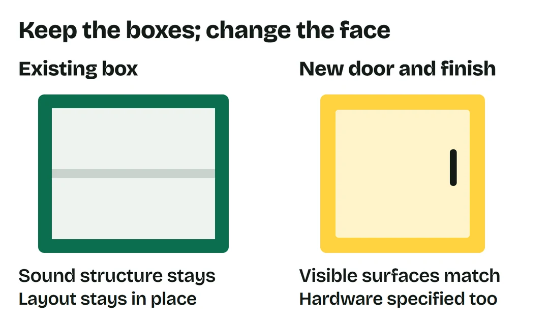 Refacing keeps sound cabinet boxes and the layout, while doors, visible surface coverings and specified hardware change.