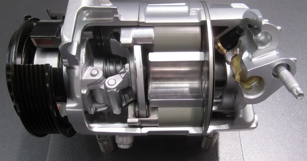 A car air conditioning compressor cut open to show its pistons and swash plate, with the pulley and clutch on the left