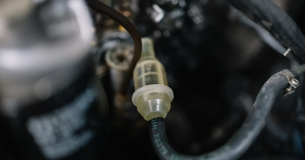 A black rubber fuel hose with a small clear inline fuel filter in a car engine bay