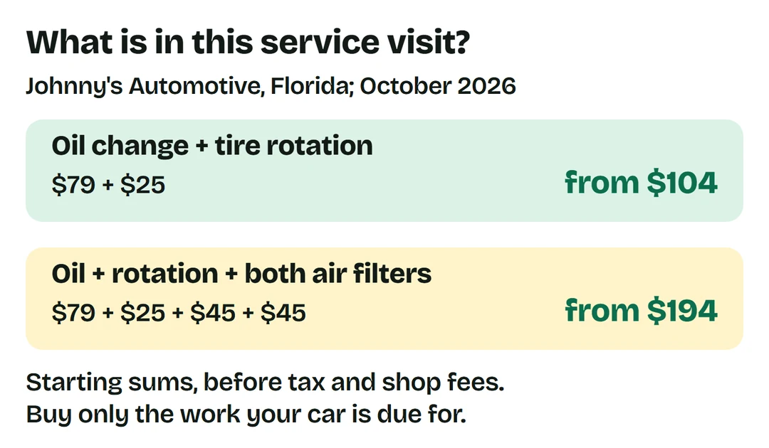 Johnny's Florida menu: oil plus rotation from $79 + $25 = $104; with engine and cabin filters, $79 + $25 + $45 + $45 = $194 before fees.