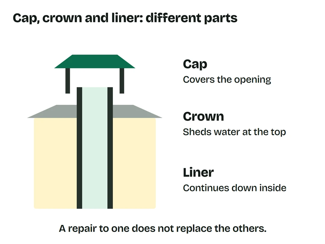 The cap covers the flue opening, the crown sheds water, and the liner continues down inside.