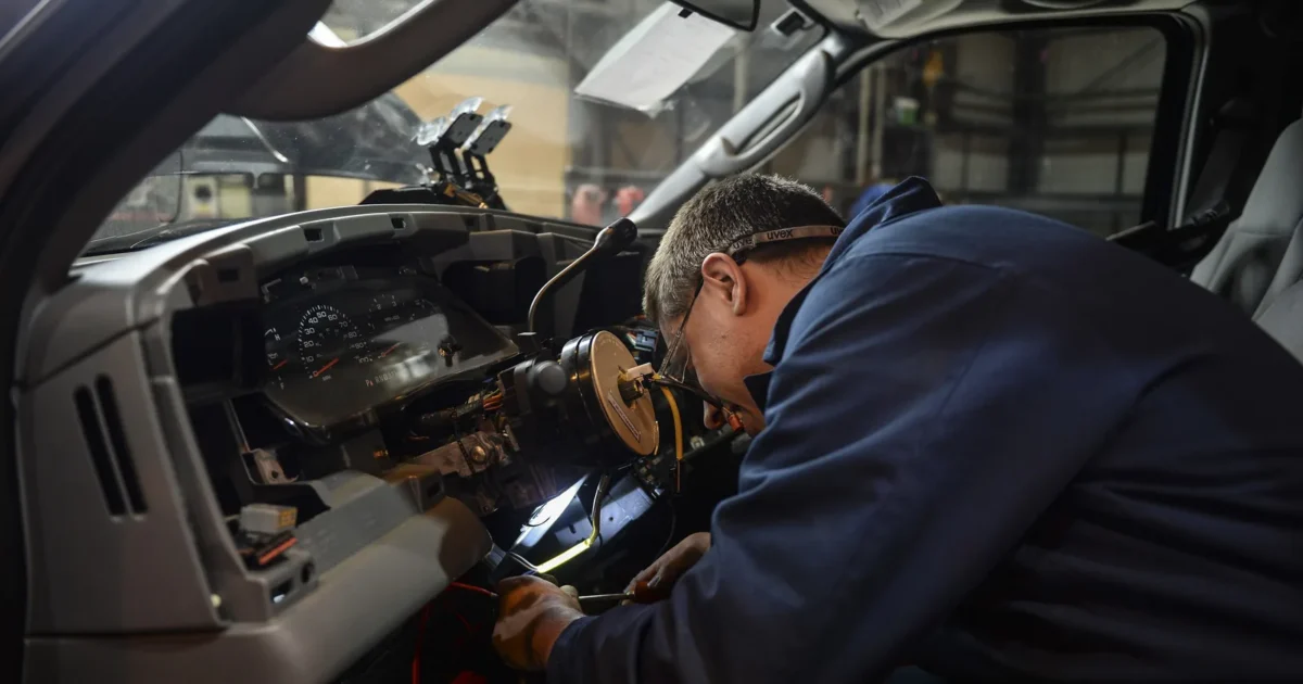 A mechanic leaning into the cab of a vehicle with the steering wheel removed, working on the clock spring at the top of the steering column