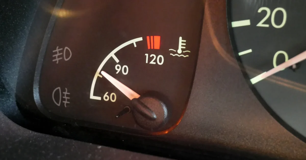 A car coolant temperature gauge with marks at 60, 90 and 120 degrees Celsius and the needle low, next to the speedometer