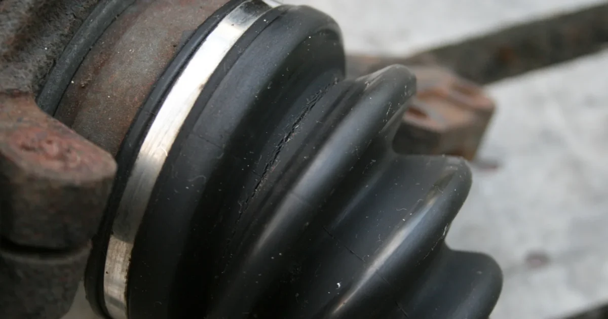 A black rubber CV boot with a metal clamp on a car axle, with cracks across its folds
