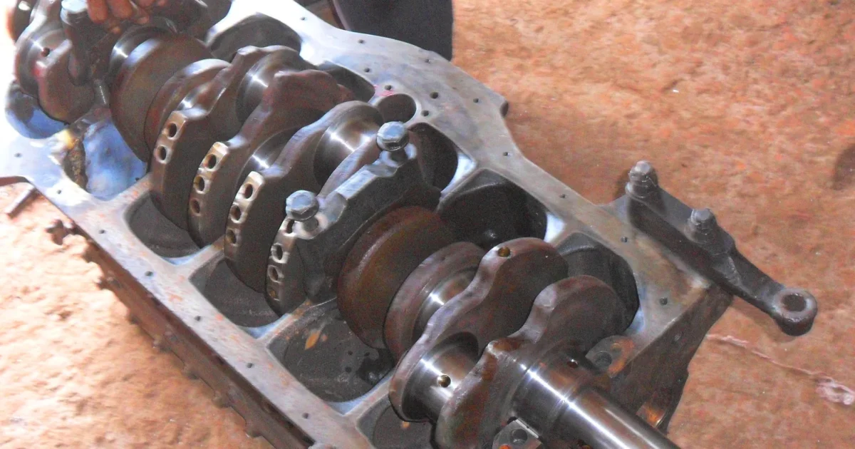 A long steel crankshaft lying in an open engine block