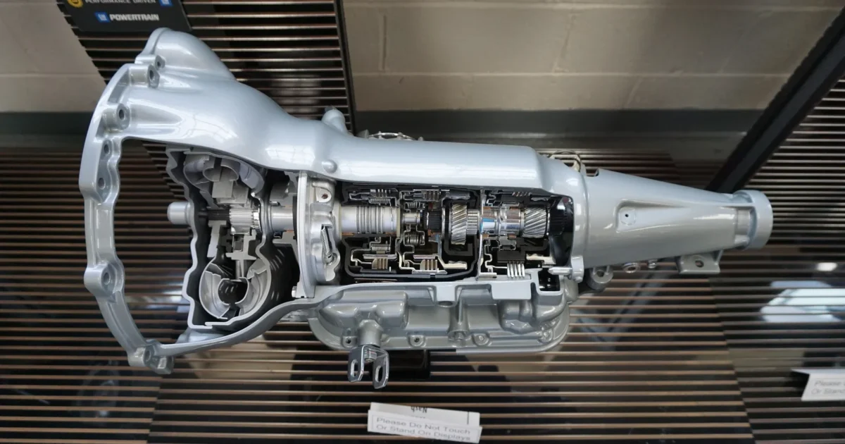 A silver General Motors automatic transmission cut open on a museum stand, showing the gears, clutches and shafts inside