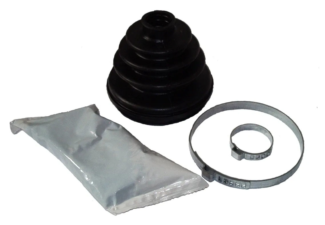 CV boot kit with a new rubber boot, a pack of grease and two metal clamps