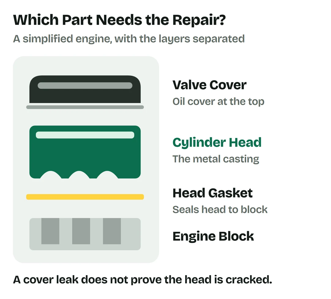 Separated engine layers: valve cover at the top, cylinder head casting below, thin head gasket and engine block underneath.