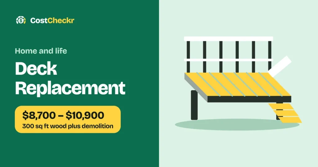 Deck Replacement, $8,700 to $10,900 300 sq ft wood plus demolition