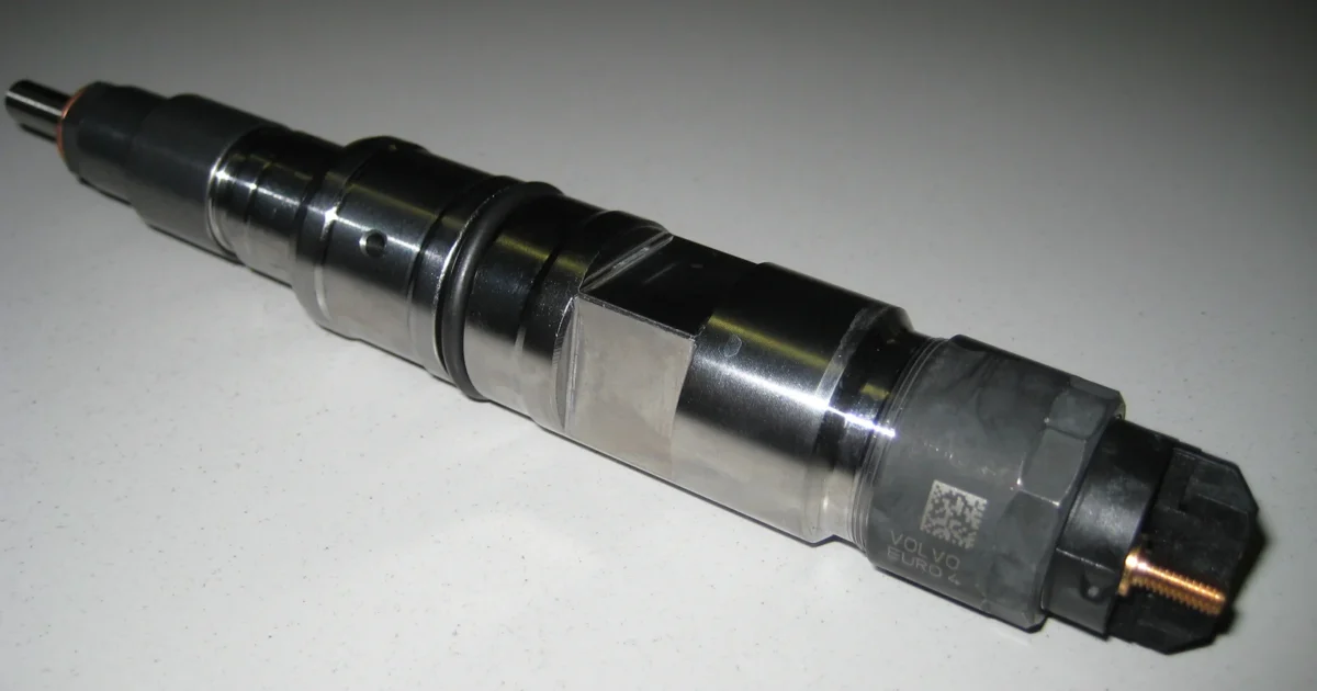 A removed common-rail diesel fuel injector, showing its metal body and electrical connector.