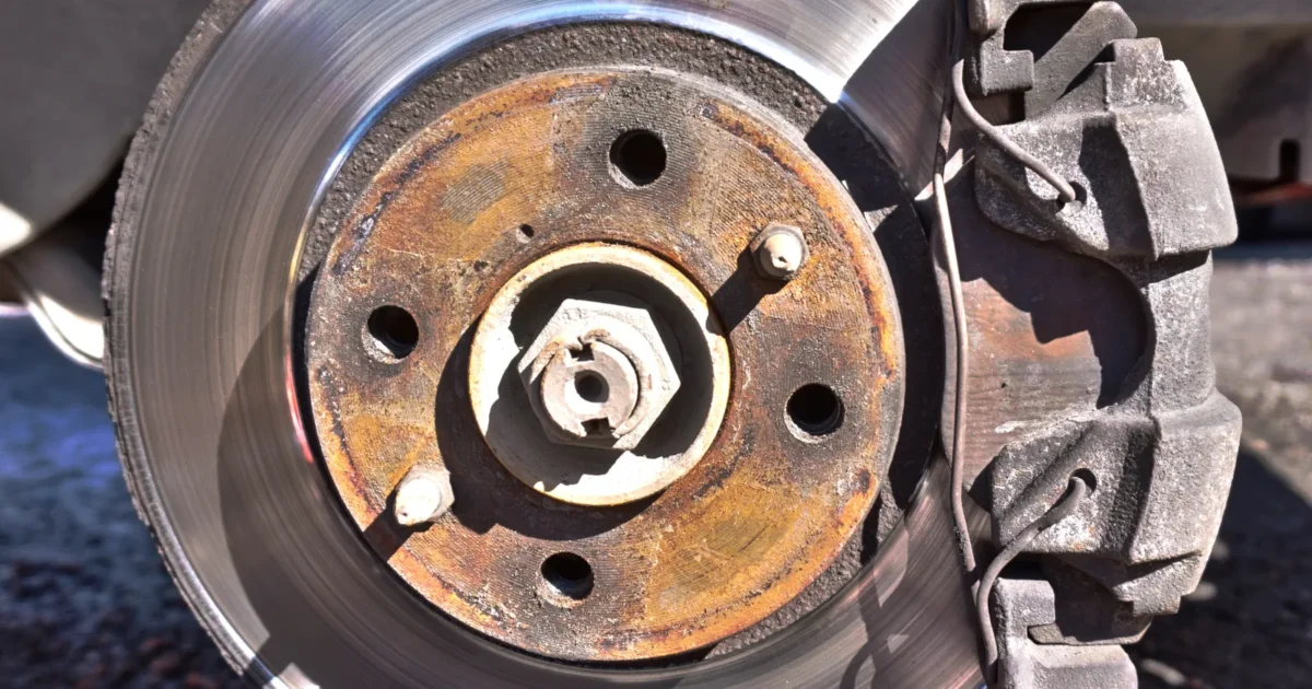 A car front disc brake with the wheel removed: a shiny brake rotor with a rusty center and the caliper holding the pads on the right