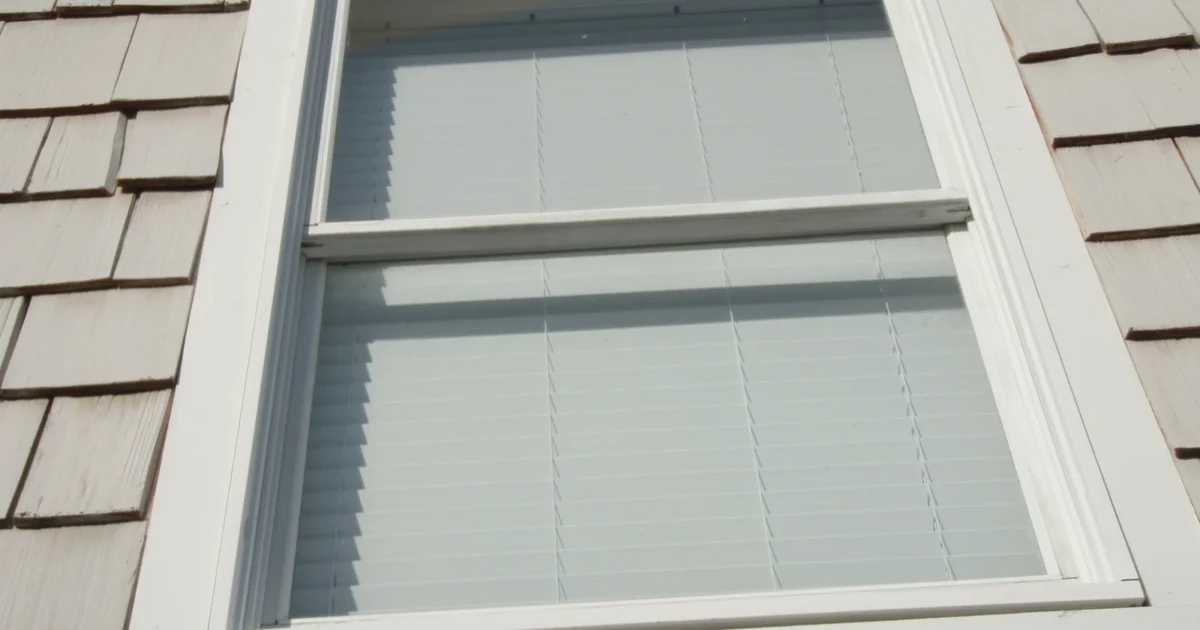 A white double-hung window photographed from outside against shingle siding.