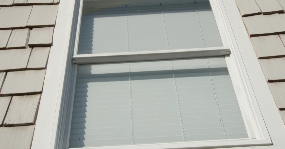 A white double-hung window with two stacked sashes and interior blinds, seen from outside.