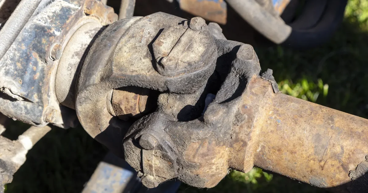 A rusty universal joint, the cross-shaped joint between two yokes, on the drive shaft of a big truck