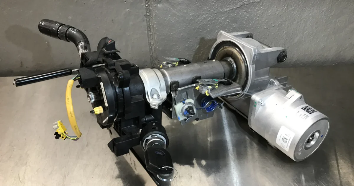 A steering column assembly on a workbench with its electric power steering motor, the switch stalks and the wiring