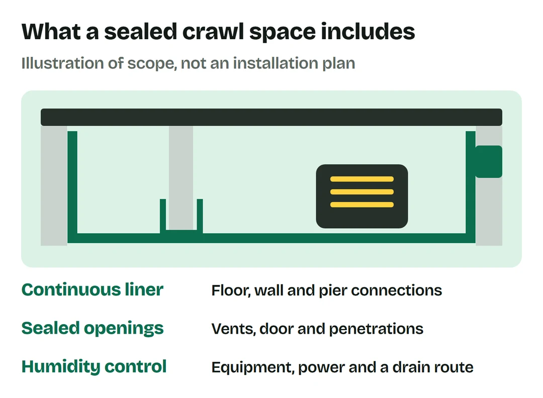 Continuous liner at floor, walls and piers; sealed vents and openings; humidity-control equipment with power and drainage.