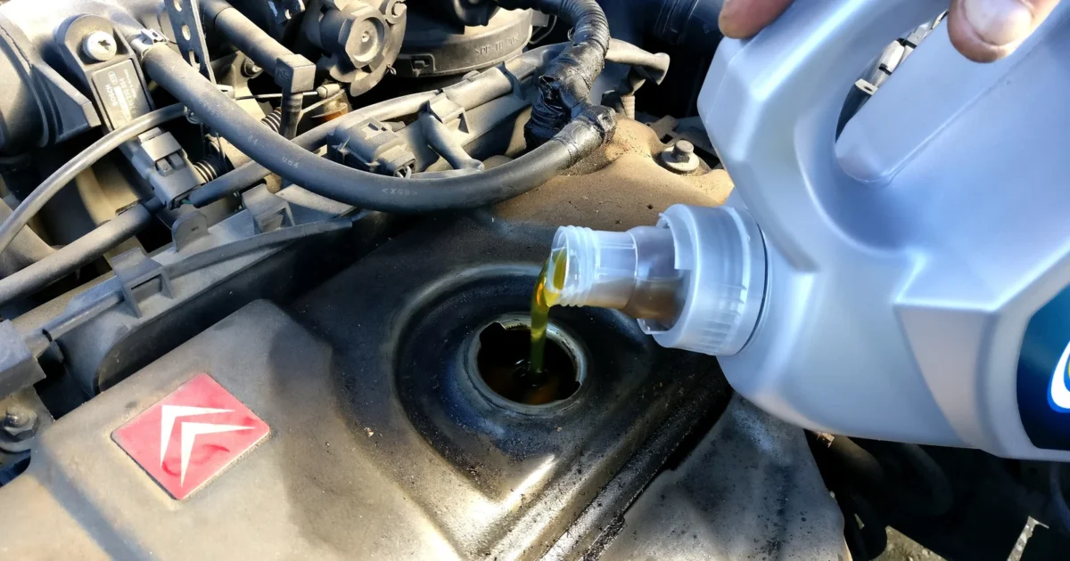A person pouring oil from a blue container into a car engine filler opening.