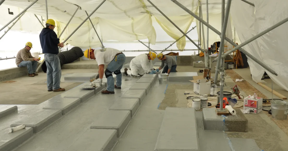 Workers applying epoxy coating across the floor of a large industrial building.
