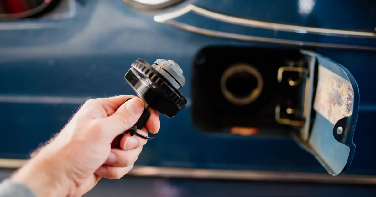 A hand holding a black gas cap next to the open fuel door of a blue car