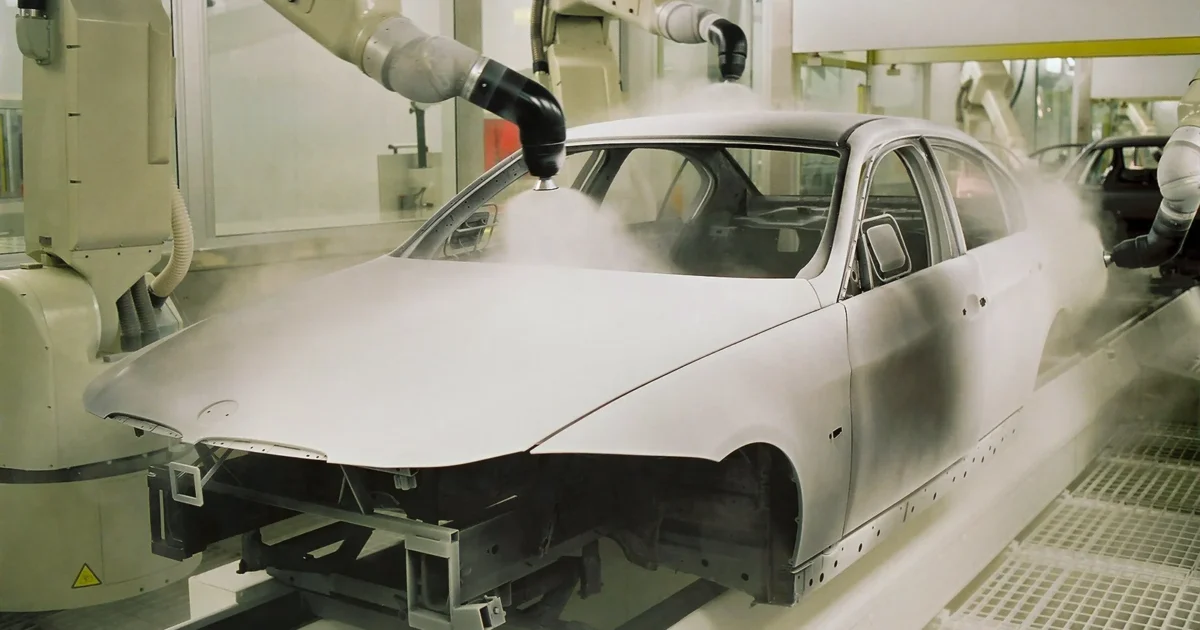 A robot applies paint to a car body in a factory paint booth.