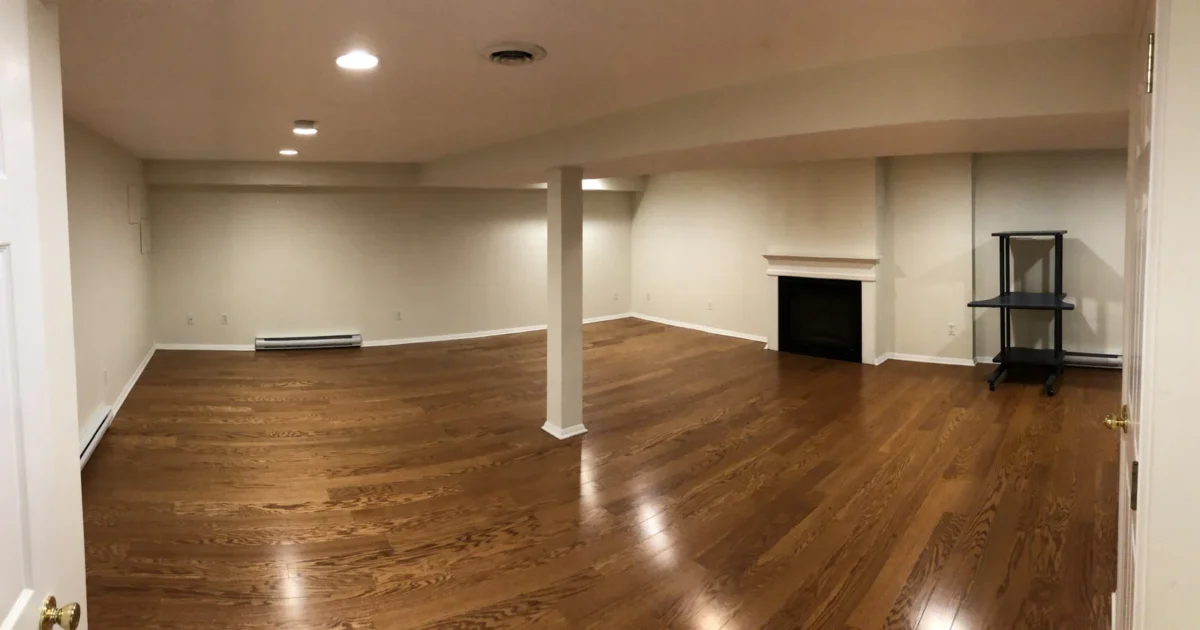 An open basement living area with finished walls, ceiling lights, wood flooring and support columns.