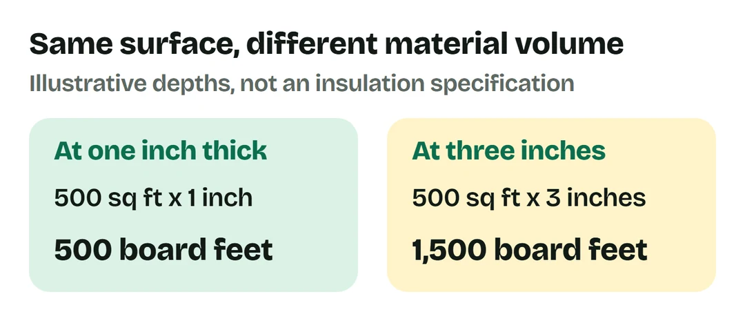 A 500-square-foot surface at one inch is 500 board feet; at three inches it is 1,500 board feet.