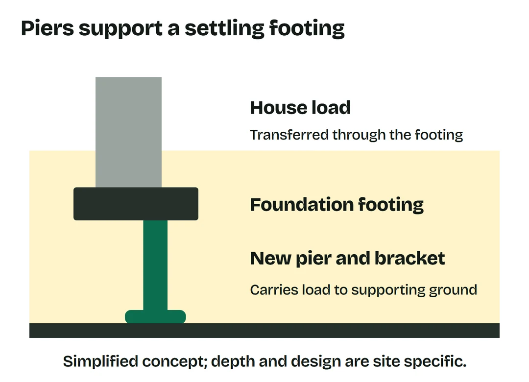 A pier beneath a footing transfers house loads to supporting ground.