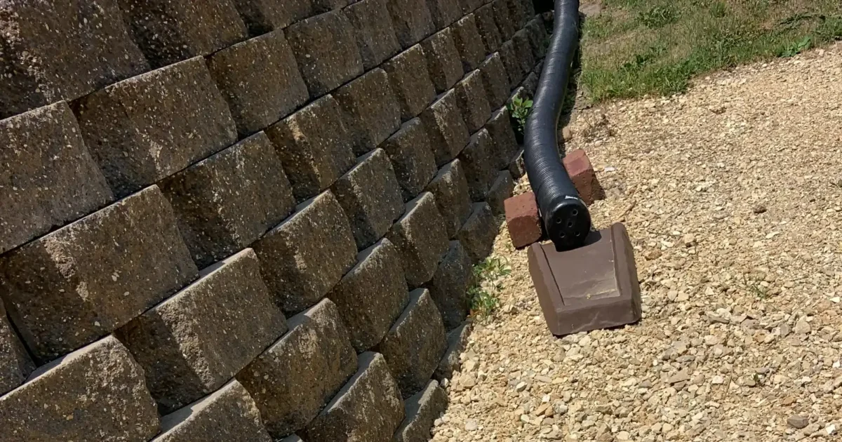 A perforated drainage pipe end beside a retaining wall and gravel.