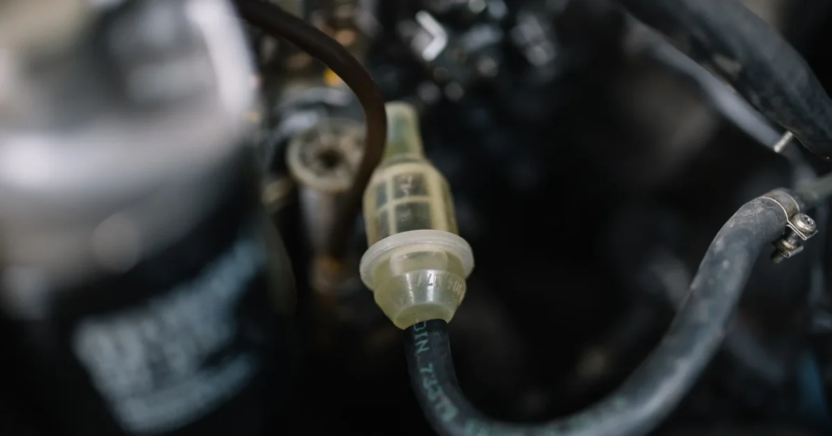 A clear inline fuel pre-filter fitted between hoses in an engine bay.