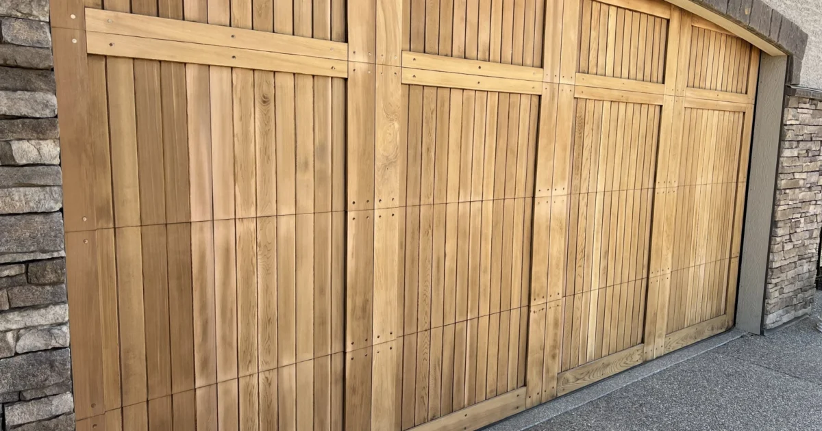 Cedar garage door panels after sanding, before refinishing.