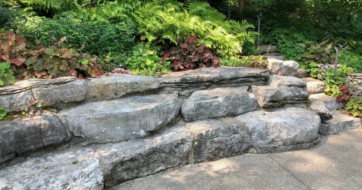 A low real stone retaining wall below a planted garden bed at Cheekwood Garden.