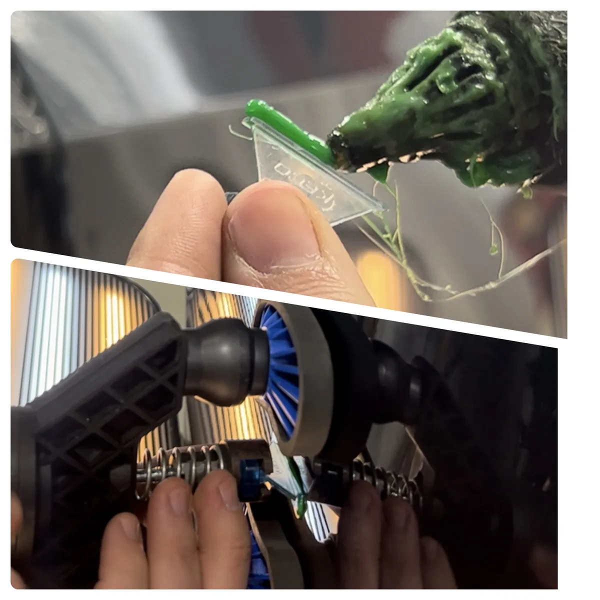 Two close photos of dent repair: hot glue fixing a plastic tab to a car panel, and a puller on the tab