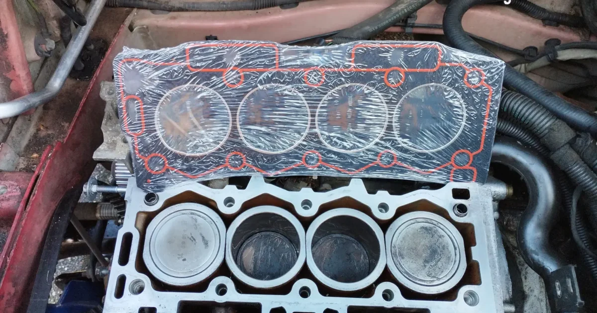 A packaged replacement gasket above a four-cylinder engine block with the head removed.