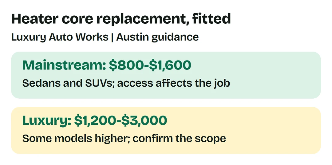Luxury Auto Works Austin: mainstream fitted heater-core guidance $800-$1,600; European and luxury $1,200-$3,000, some higher.