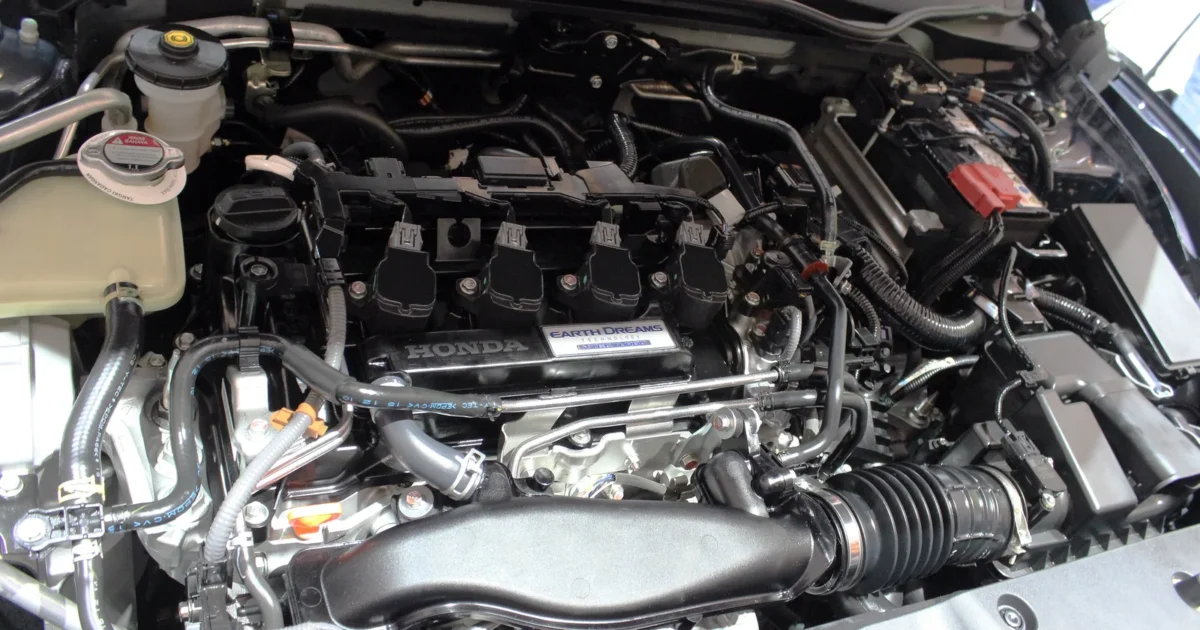 The engine bay of a 2016 Honda Civic with the 1.5 liter turbo engine, its black engine cover in the middle and the battery on the right