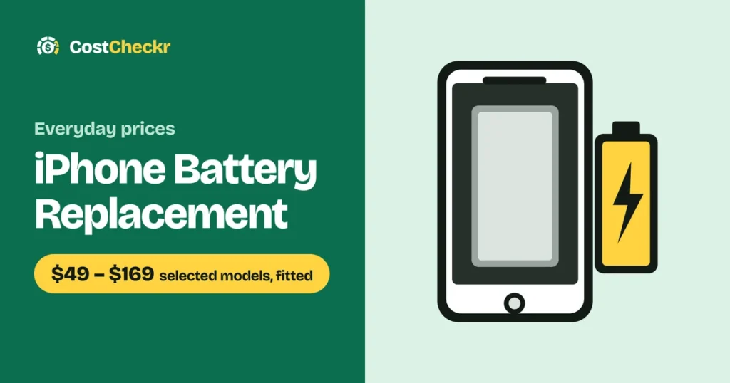 iPhone Battery Replacement, $49 to $169 selected models, fitted