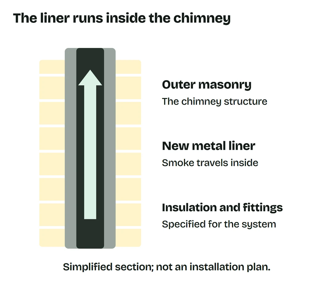 Simplified section showing a metal flue liner inside an outer masonry chimney.