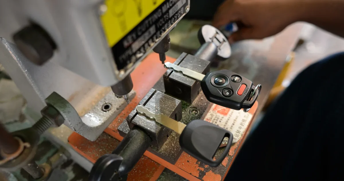 A key-cutting machine duplicating a car key blade.