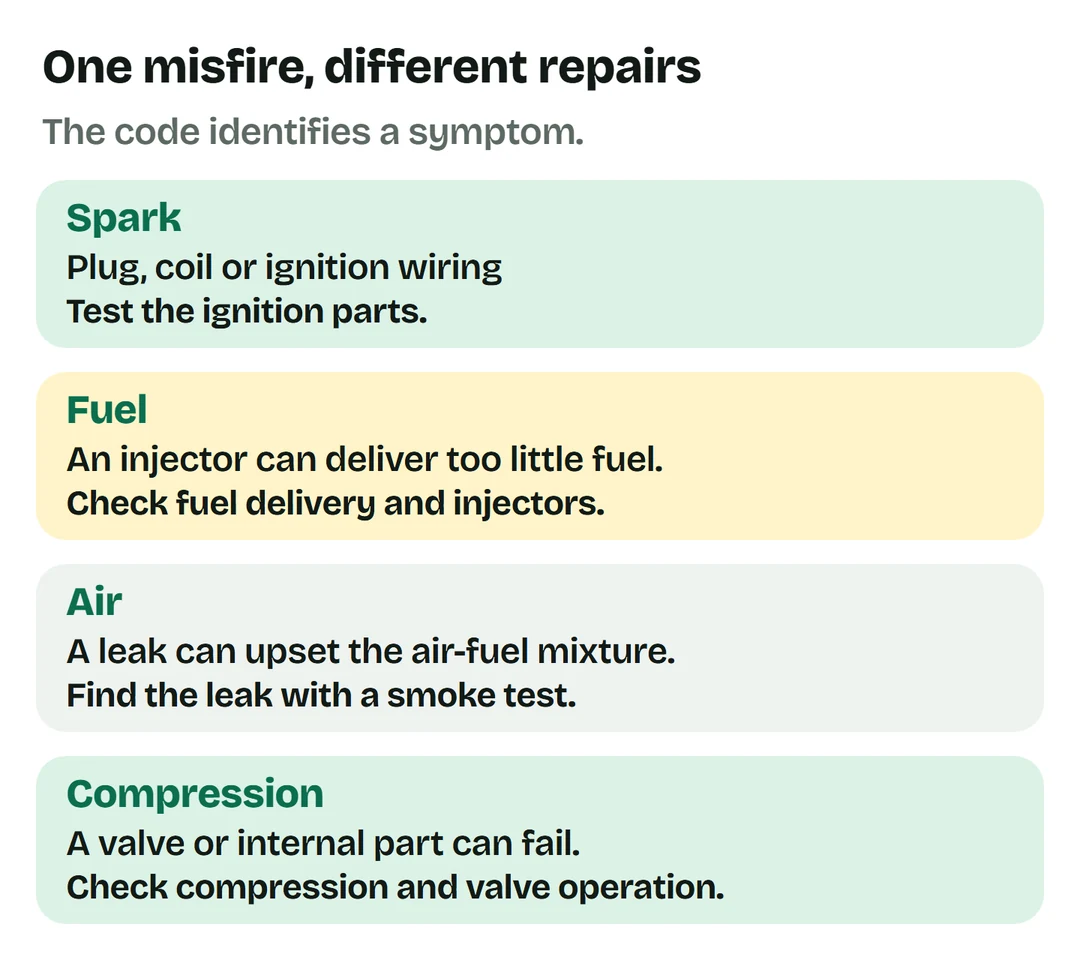 Four possible causes of misfire: spark faults, injector or fuel delivery faults, air leaks, and compression or valve problems.