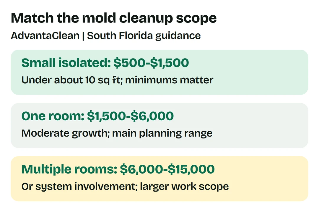 AdvantaClean South Florida guidance: isolated under about 10 square feet $500-$1,500; moderate single room $1,500-$6,000; multiple rooms or system involvement $6,000-$15,000.