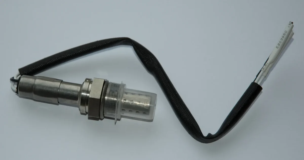 A new oxygen sensor with a threaded steel body, a slotted tip and a long black wire ending in a plug