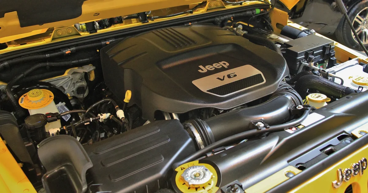 The engine bay of a yellow Jeep Wrangler with a black engine cover marked Jeep V6